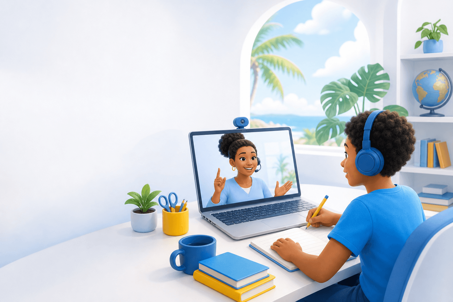 Cours de soutien scolaire en ligne avec formateur en visioconférence et élèves sur leur ordinateur
